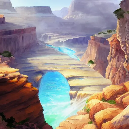 Prompt: concept art painting of a grand canyon with ocean inside, filled with water, with unfinished stone bridge under construction, realistic, detailed, cel shaded, in the style of makoto shinkai and greg rutkowski and james gurney