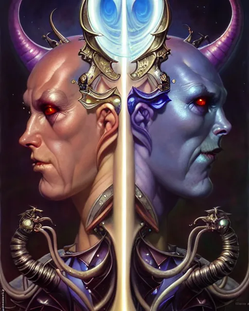 Image similar to beautiful gemini good and evil fantasy character portrait, ultra realistic, wide angle, intricate details, the fifth element artifacts, highly detailed by peter mohrbacher, hajime sorayama, wayne barlowe, boris vallejo, aaron horkey, gaston bussiere, craig mullins