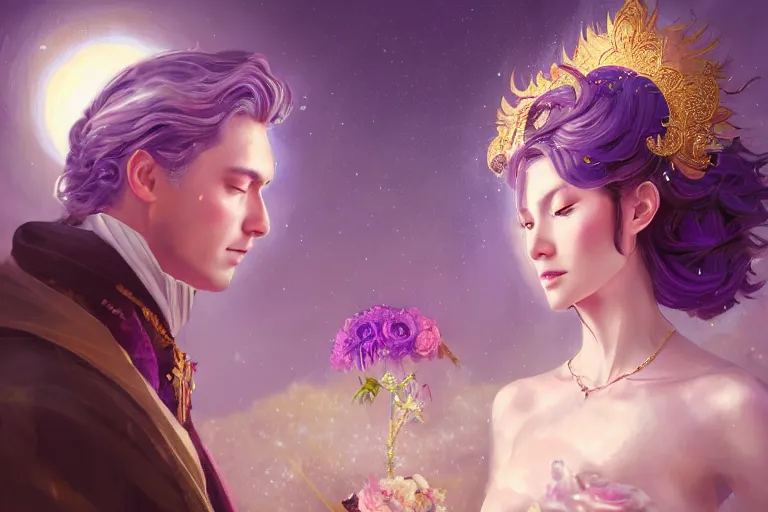 Image similar to a dreamlike cinematic portrait of wedding photograph close up moment of a divine a russia sun god and moon goddess lovers magician at a wedding banquet. portraiture. digital painting. artstation. concept art. fantasy wedding photo. digital painting, 8 k realistic, hyper detailed, violet evergarden art masterpiece by art by krenz cushart