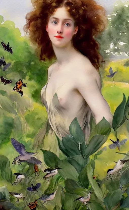 Image similar to the face of a young woman with marble complexion, angelic features, dancing curls around her face, her head raised in rapture, symmetrical eyes, watercolor by john singer sargent, background lush vegetation, insects and birds, 8 k uhd