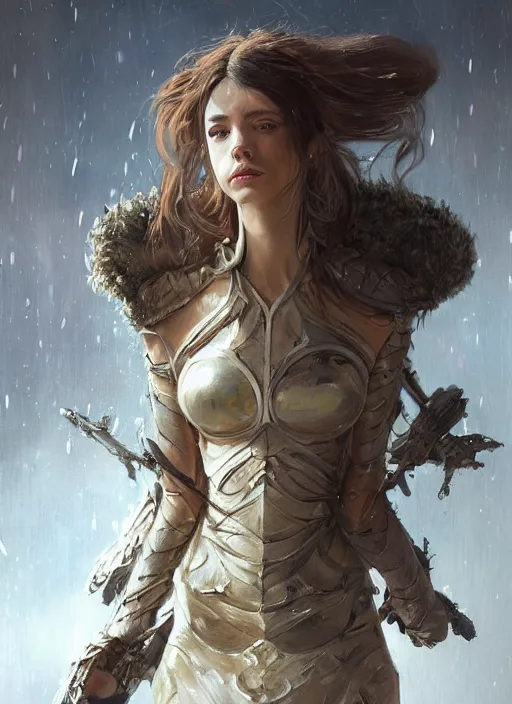 Image similar to a professional portrait of a beautiful young female, clothed in ethereal battle armor, olive skin, long dark hair, beautiful bone structure, symmetrical facial features, intricate, elegant, digital painting, concept art, smooth, sharp focus, finely detailed, illustration, from Valerian and the City of a Thousand Planets, in the style of Ruan Jia and Mandy Jurgens and Artgerm and Greg Rutkowski and William-Adolphe Bouguerea