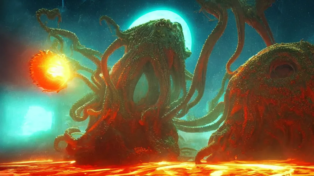 Prompt: An epic beautiful 3D render of an ancient terrifying Cthulhu in space, consuming and eating and destroying a futuristic colorful spacestation. Bright explosions. By Ken Fairclough and Dylan Cole, trending on artstation, award winning. Cinematic, film screenshot directed by Christopher Nolan and Denis Villeneuve. PBR, path tracing, octane render, highly detailed.