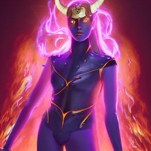 Image similar to A professional digital portrait painting of a young adult female tiefling with (skin that looks like fire), dressed in light armor, 4k, digital art, trending on cgsociety, highly detailed, paint by Wes Anderson, head and shoulders shot, shallow depth of field, purple and yellow lighting, professional lighting, airbrush, Hayao Miyazaki