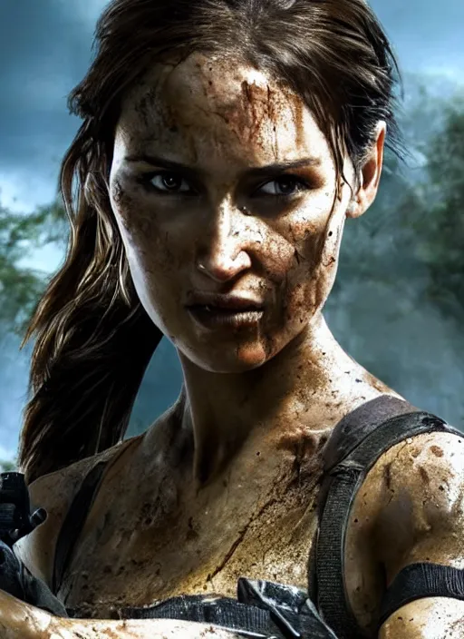 Image similar to a film still of lara croft as cop, her face muddy and sweat, direct sun light, close up potrait, cinematic,