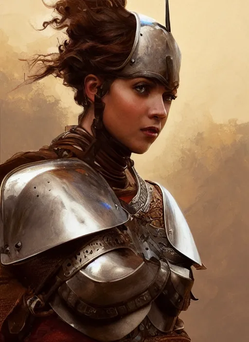 Image similar to medium-length portrait of a female knight with short curly hair and brown eyes, dark brown skin, happy expression, wears a combination of plate armor and boiled leather, medieval setting, highly detailed, digital painting, artstation, concept art, sharp focus, illustration, art by greg rutkowski and alphonse mucha