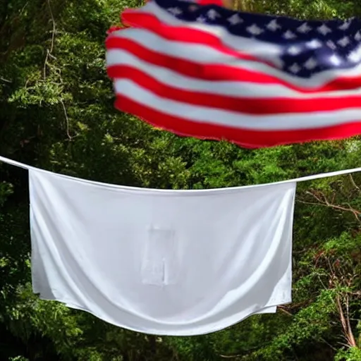 Image similar to hyper realistic photo, happy Donald Trump hanging white linen sheets on a clothesline in a backyard, sunny day