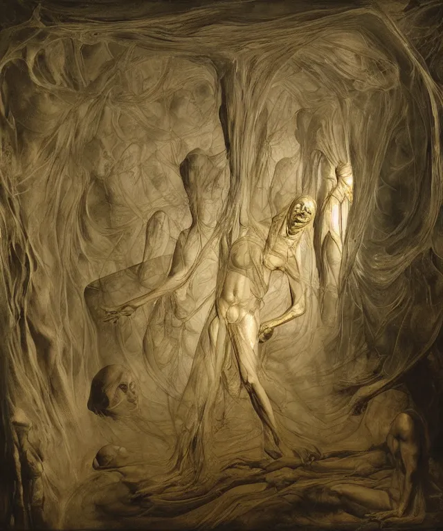 Image similar to The transparent room without doors and windows with beautiful full-body wax sculpture of the glowing transparent woman with visible golden bones inside her in the singularity where stars becoming baroque folds of dark matter by Michelangelo da Caravaggio, Nicola Samori, William Blake, Alex Grey and Beksinski, dramatic volumetric lighting, super detailed oil painting, 8k, masterpiece