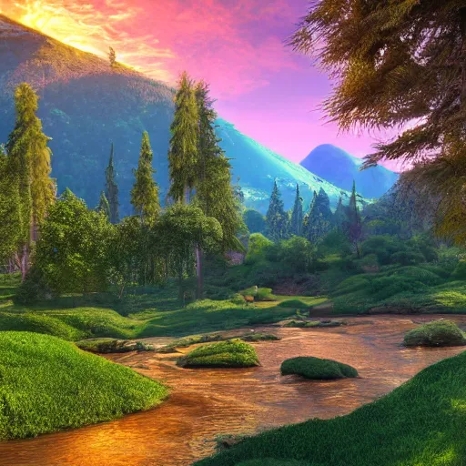 Prompt: paradise on earth with nice trees, rivers, mountains and sun, vray rendering 4 k, photorealistic, ultra - detailed, 4 k high resolution, hdr shot