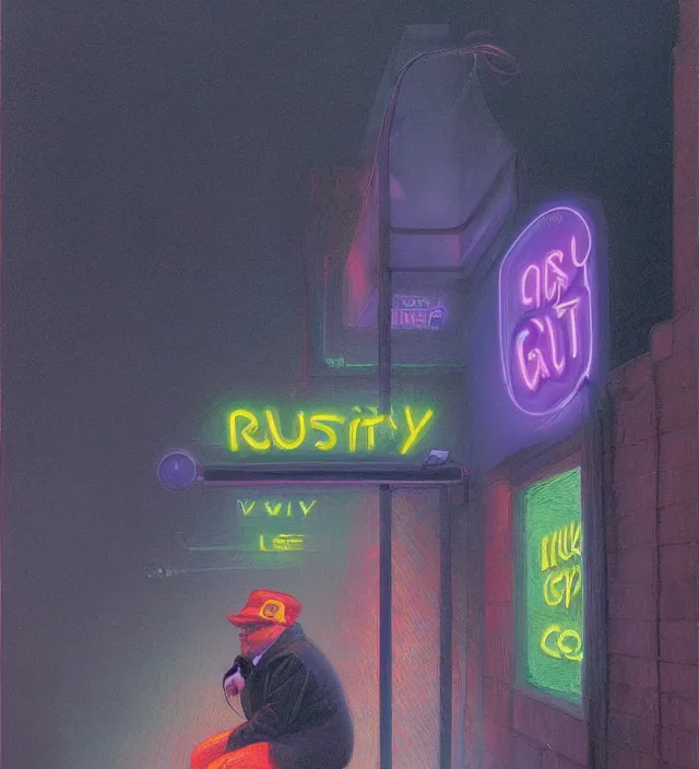 Image similar to foggy neon night, eric cartman leaning back against a wall smoking a cigarette outside a neon lit entrance, 1 9 7 0 s, intricate, moody, tasteful, intimate, highly detailed, short focus depth, artgerm, donato giancola, joseph christian leyendecker