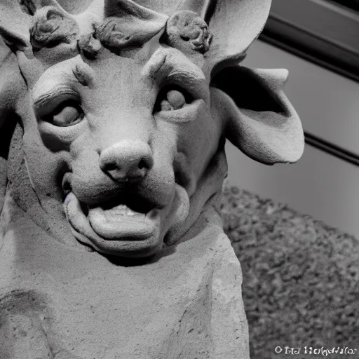 Image similar to gargoyle with the head of a corgi made of stone, uncropped, photography