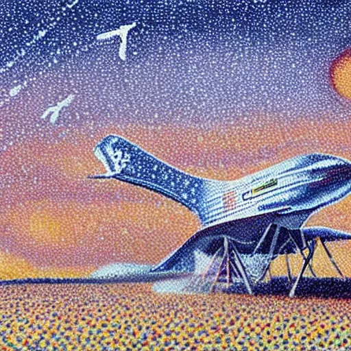 Prompt: spacex starship rocket landing on earth, pointillism painting