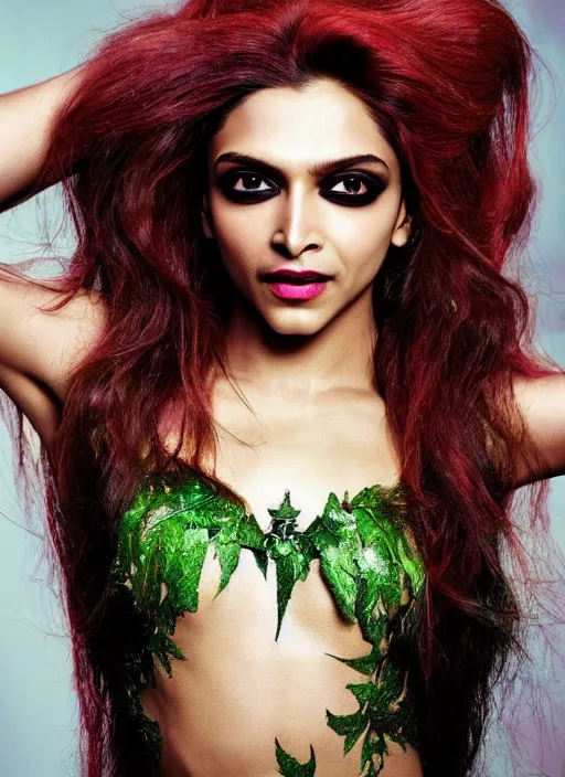 Image similar to A beautiful portrait of Deepika Padukone as Poison Ivy from Batman as a Versace fashion model Spring/Summer 2012, highly detailed, in the style of cinematic, Getty images, Milan fashion week backstage, Makeup by Pat McGrath, Greg rutkowski