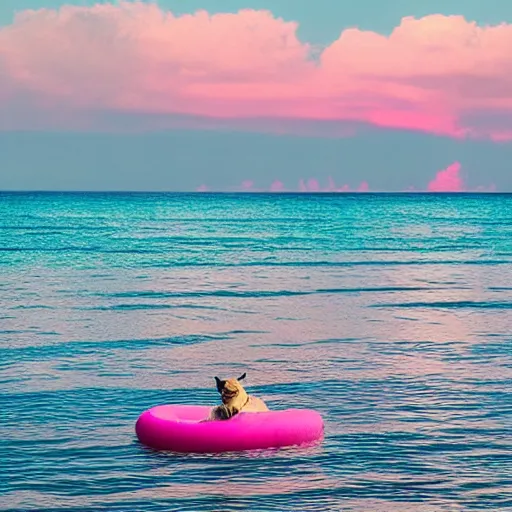 Prompt: dreamland blush colored sky covered with light feathery pink clouds on a reflective waveless flat open infinite ocean mirroring the sky with a pug sliding down an inflatable waterslide in the middle