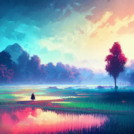 Prompt: beautiful scenery of a ricefield, by anato finnstark, by alena aenami, by john harris, by ross tran, by wlop, by andreas rocha