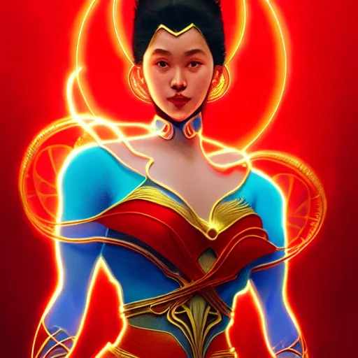 Image similar to jane de leon as darna, volumetric lights, red and cyan theme, art nouveau botanicals, intricate, highly detailed, digital painting, artstation, concept art, smooth, sharp focus, cinematic, illustration, beautiful face, art by artgerm and greg rutkowski and alphonse mucha