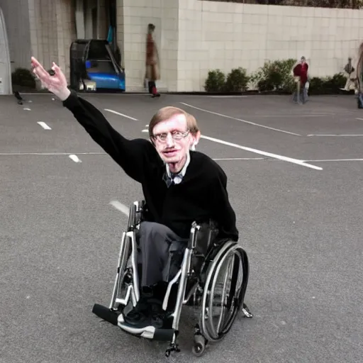 Prompt: Steven Hawking doing a wheelchair backflip off a building
