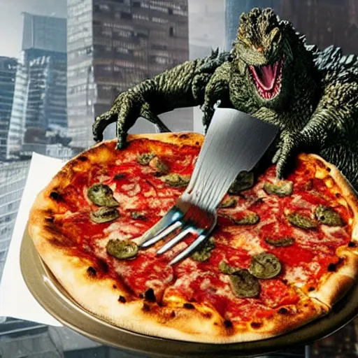 Image similar to an godzilla eating pizza with a fork