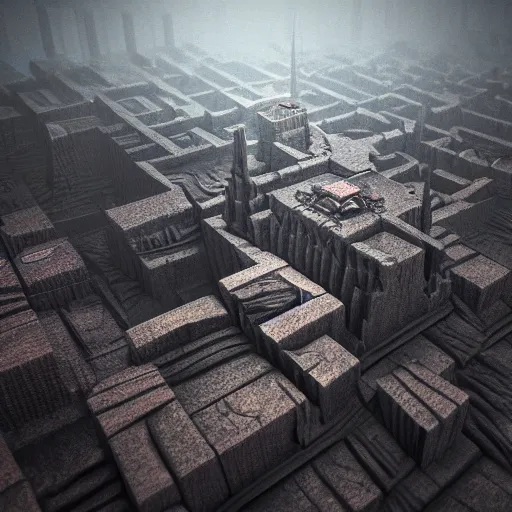 Image similar to inception lovecraft city carved from rock underground another inverted upside down above, hyper realistic realism photorealistic voxel octane render 8 k, cinematic warm volumetric lighting