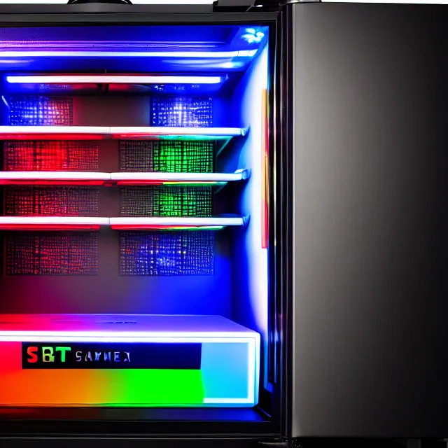 Image similar to rgb gaming fridge, highly detailed, 8 k, hdr, smooth, sharp focus, high resolution, award - winning photo