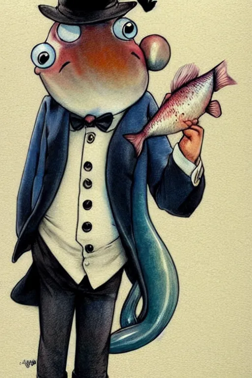 Image similar to cartoon fish in tuxedo. muted colors. by jean - baptiste monge!!!!!!!!!!!!!!!!!!!!!!!!!!!