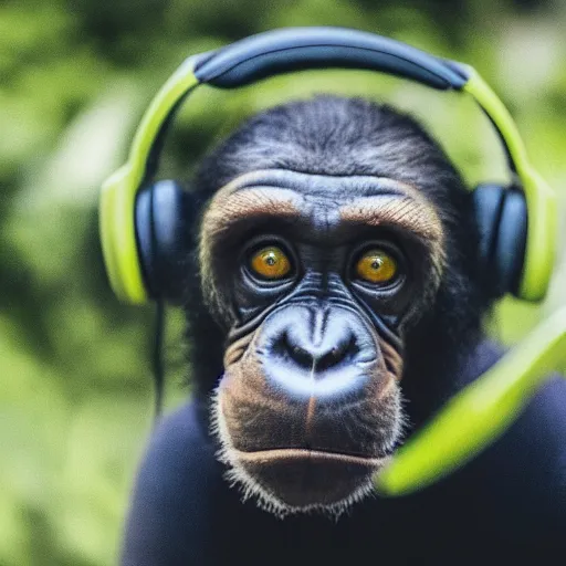 Image similar to a photo of a green chimp wearing headphones