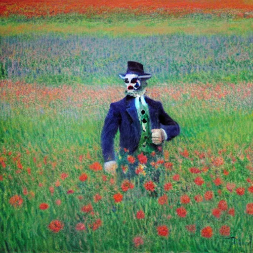 Image similar to Monet painting of Joker in a field of flowers,