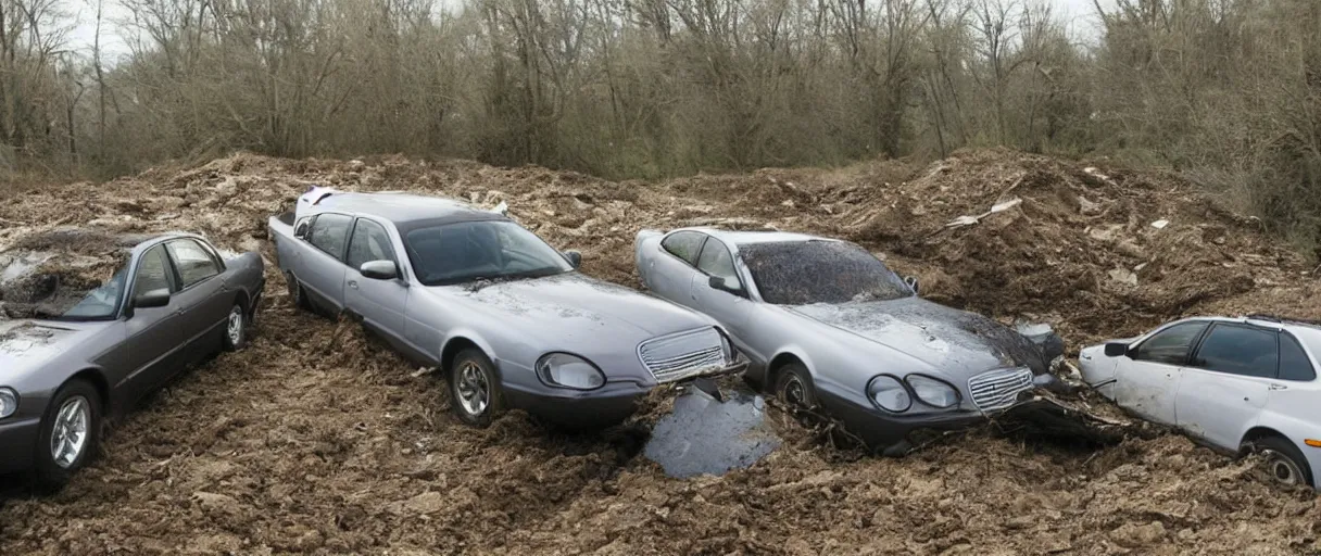 Image similar to a abandoned 2 0 0 4 jaguar xj 8 buried underwater alongside a 2 0 0 1 chevrolet suburban.