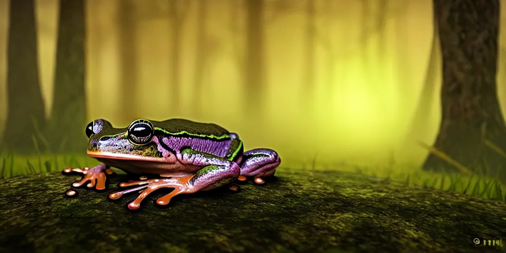 Image similar to A frog infected with fungus, foggy woodland swamp, golden hour, photorealistic 3D artwork