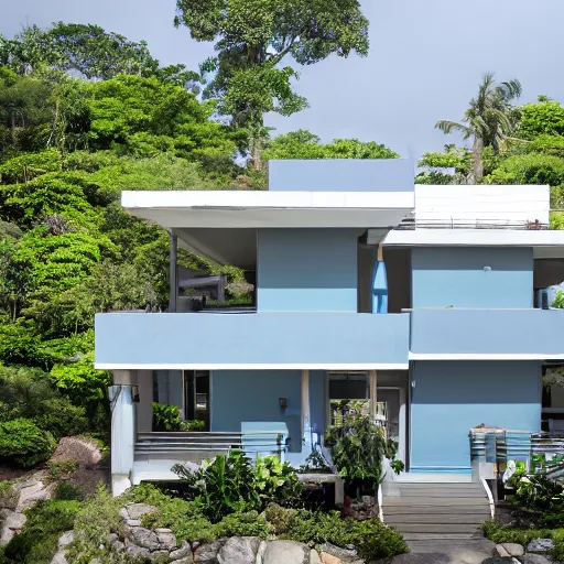 Prompt: 3000 sq ft three level house, wrap around balconies and porches, gray white light blue exterior, large stones in front yard, beautiful sunny day in a tropical rainforest, photorealistic,8k, XF IQ4, 150MP, 50mm, F1.4, ISO 200, 1/160s, natural light
