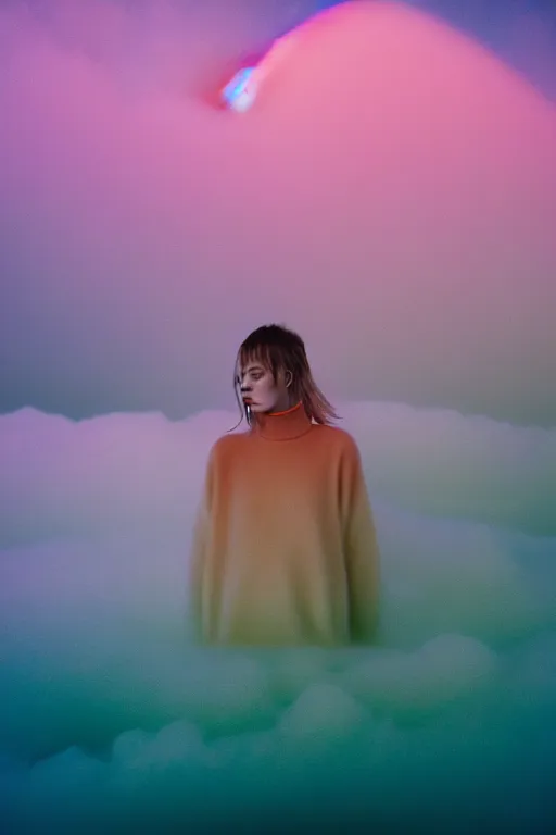 Image similar to high quality pastel coloured film close up wide angle photograph of a model wearing clothing resting on cloud furniture in a icelandic black rock environment in a partially haze filled dreamstate world. three point light, rainbow. photographic production. art directed. pastel colours. volumetric clouds. pastel gradient overlay. waves glitch artefacts. extreme facial clarity. 8 k. filmic.