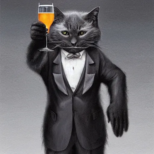 Image similar to a big dark angry powerful menacing grey cat wearing a suit. Holding a beer. Waving into the camera. With long fur and fluffy tail sitting, intricate, elegant, highly detailed, digital painting, artstation, concept art, matte, sharp focus, illustration, art by Artgerm and Greg Rutkowski and Alphonse Mucha