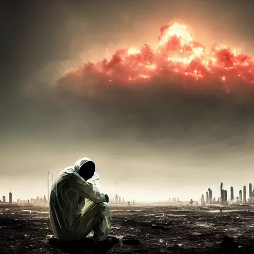 Image similar to a beautiful award-winning photo of the last man on Earth wearing a hazmat suit, sitting and depressed, serene post-nuclear background, a huge nuclear cloud, a mirage of a skyline of a destroyed city, numerous fires, volumetric lighting, haze, very high quality, extremely detailed, subtle visual noise, 8K