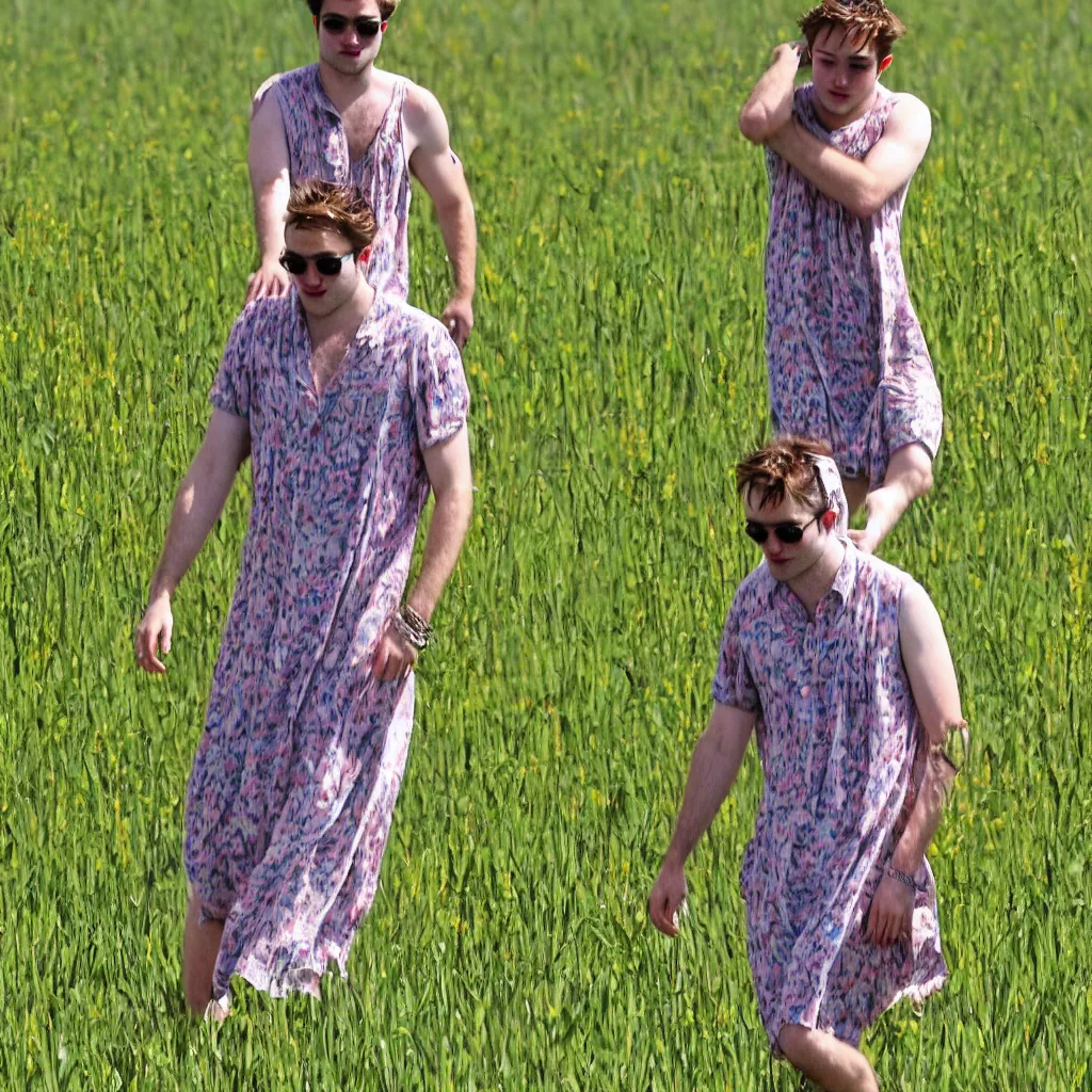 Image similar to robert pattinson in a sundress frolicking through a field