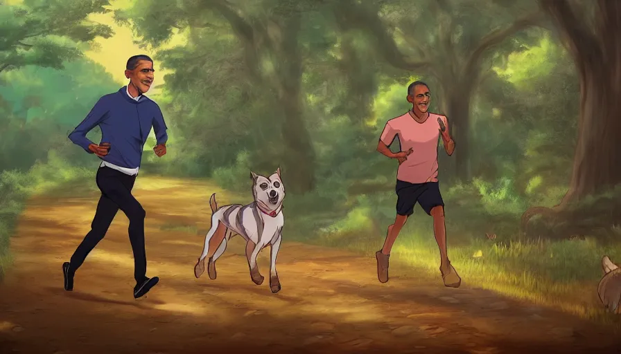 Image similar to Barack Obama running with a dog in the forest. Beautiful anime lush forest background. Golden hour. Trending on art station