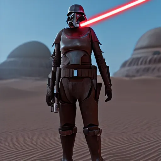 Prompt: the inquisitor from star wars, 3d model render, desert setting, ultra photo realistic, unreal engine 5 studio quality