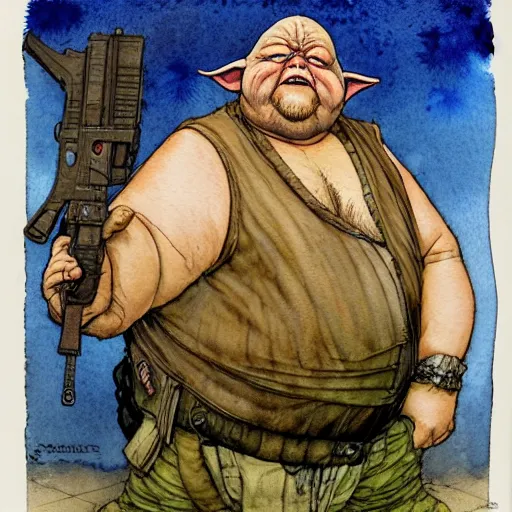 Image similar to a realistic and atmospheric watercolour fantasy character concept art portrait of a fat sleazy homeless chibi yoda wearing a wife beater and holding a glock, by rebecca guay, michael kaluta, charles vess and jean moebius giraud