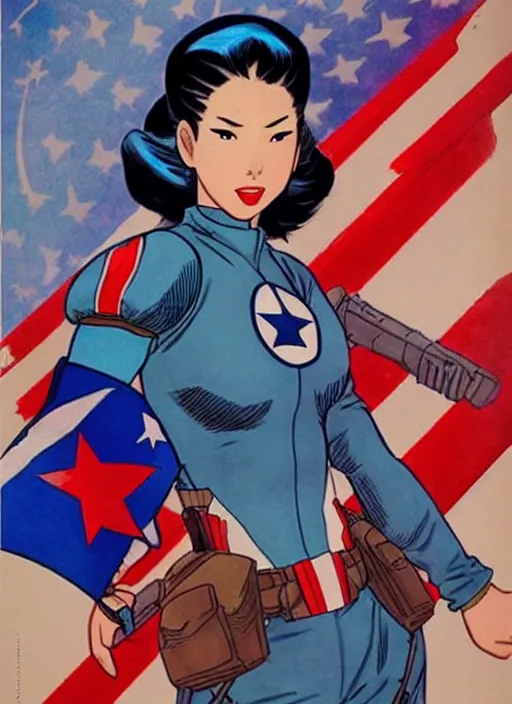 Image similar to asian female captain america. feminist captain america wins ww 2. american ww 2 propaganda poster by masamune shirow, rob liefeld and pixar. gorgeous face. geisha. pin up. overwatch.