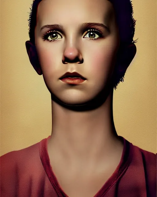 Image similar to Poster Portrait of Millie Bobby Brown with fire eyes, dramatic lighting