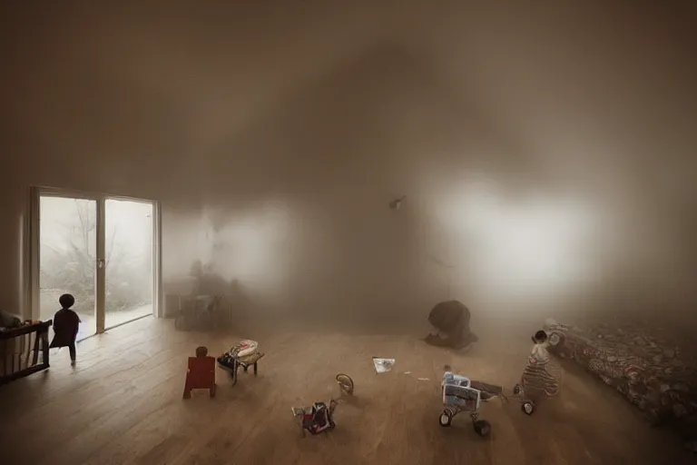 Prompt: a house made for childrens, alone, fog, inside, 2000s photo