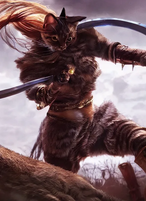 Image similar to a humanoid cat with a sword in elden ring, gameplay, boss fight, 8k, hd