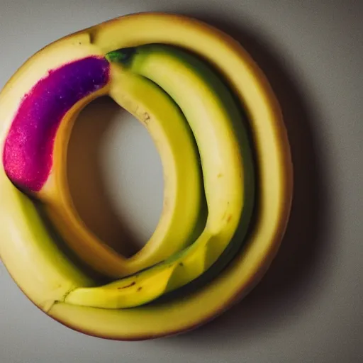 Image similar to Perfectly circular donut!!!!! in the style and shape of a banana!!!!!!, blended colors!!!!!, trending on artstation, 4k, 8k, professional photography, overhead shot, 35mm lens