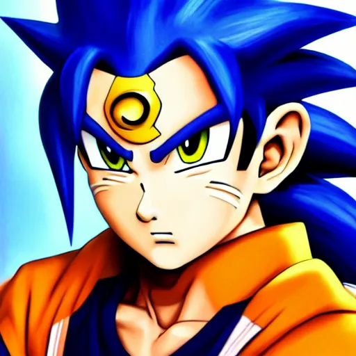 Image similar to ultra realistic portrait painting of a fusion of sonic and goku, art by masashi kishimoto, 4 k, naruto artstyle, cel shaded, highly detailed, epic lighting