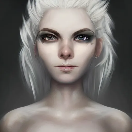 Prompt: fantasy portrait of a female human adventurer with white skin, white hair, white eyes without pupils, slightly - pointed ears, short wavy hair, eyebrow scar, trending on artstation, ethereal, gentle smile, friendly, glowing, angled