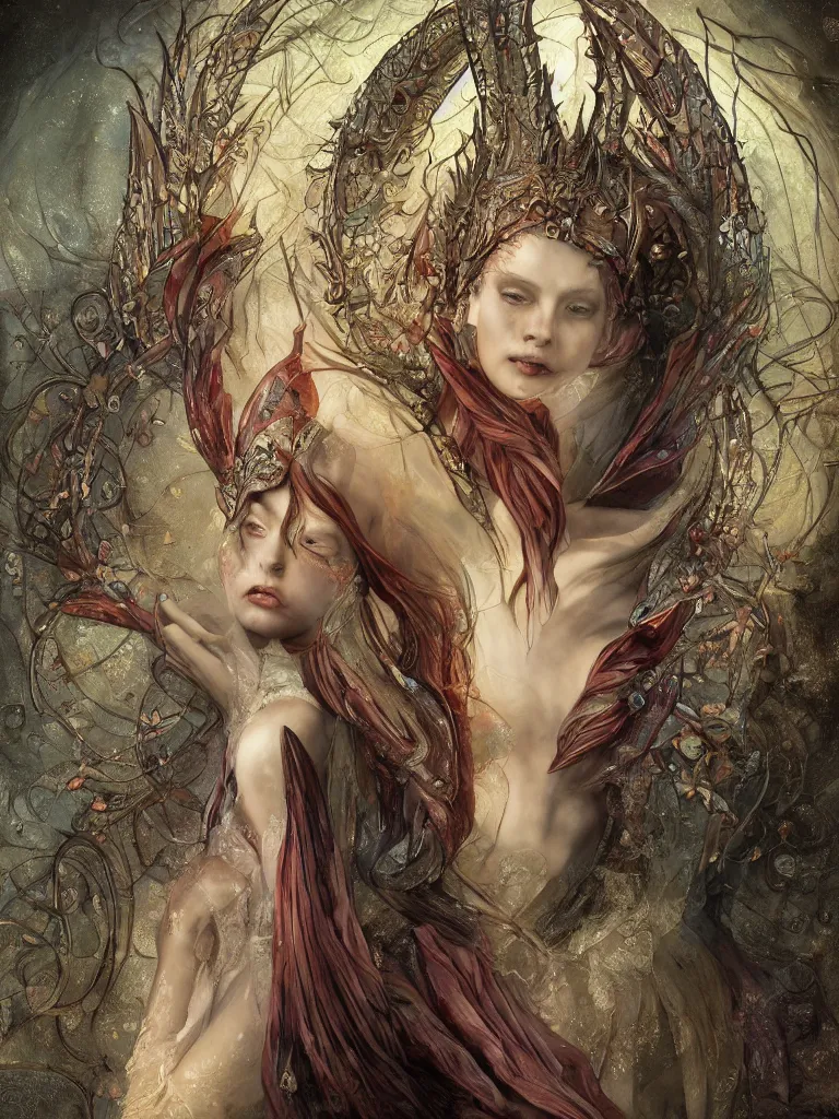 Prompt: breathtaking detailed soft painting of elesh norn angel, crescent moonlit wings gauze dress of fireflies and art nouveau crowns of embers, rembrandt style, detailed art nouveau stained glass of flames background, christian saint rosace, elegant, highly detailed, artstation, concept art, matte, sharp focus, art by Tom Bagshaw, Artgerm and Greg Rutkowski