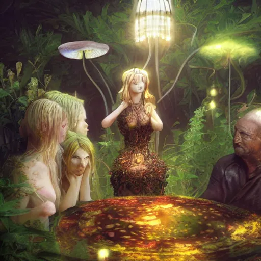 Prompt: mushroom goddess with group of elders, discussing the new season of friends, cynical realism, hiroya oku painterly, yoshitaka amano, chris cunningham, renderfruit, beautiful lighting, tendrils, in the style of, wlop, scientific diagram