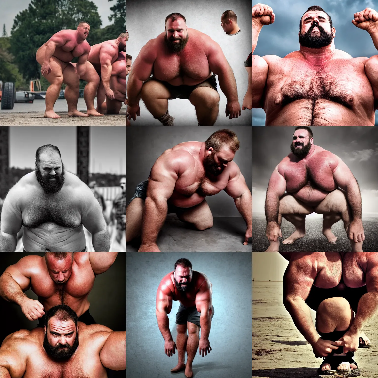 Prompt: big burly beefy strongman absorbing men in their body, photography, high detail, high resolution