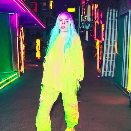 Image similar to billie eilish in the street, explosion of neon lights