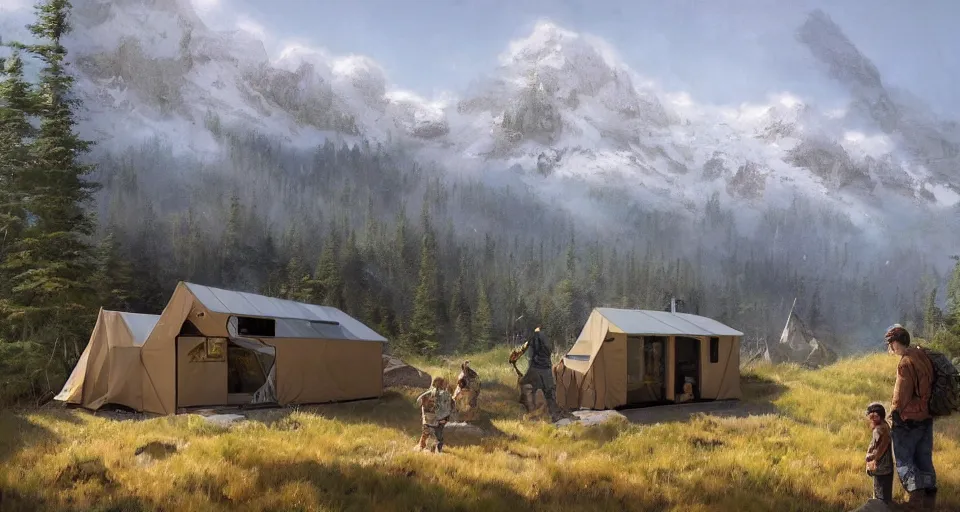 Image similar to cabela's beautiful comfortable modular insulated container home wall kit - house all weather family dwelling tent house, person in foreground, mountainous forested wilderness open fields, beautiful views, painterly concept art, environmental concept art, concept art illustration, by james gurney, by craig mullins, by greg rutkowski trending on artstation