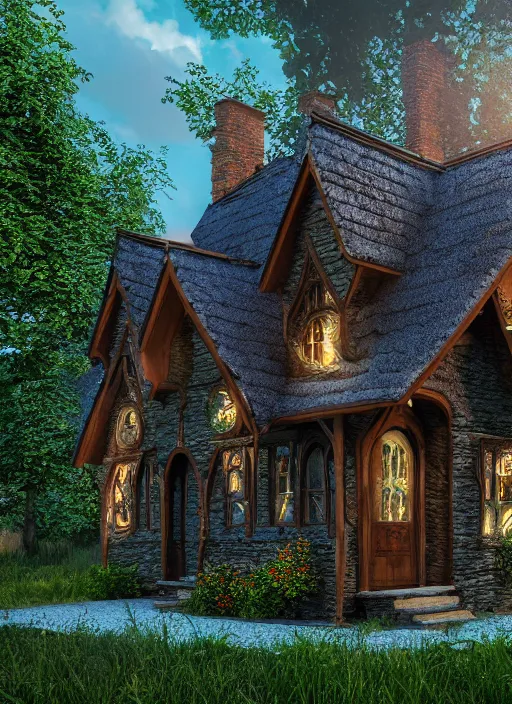 Image similar to hyper realistic homely ornate witch cottage architectural, in the woods gorgeous lighting, blue sky, highly detailed, lush forest architectural render, octane render, ue 5 raytraced