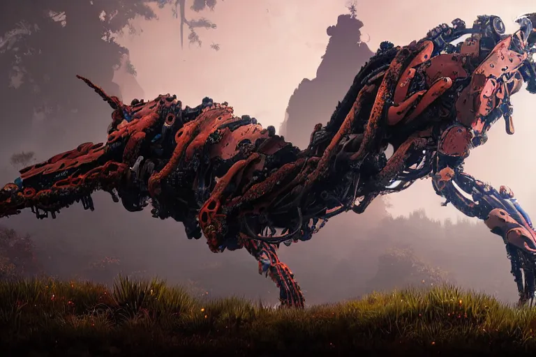 Prompt: portrait of a posed hyper detailed brown ultramarine burrower evangelion realistic mechanical and fleshy organic creature similar look as horizon forbidden west horizon zero dawn bioluminiscence in a dark deep forest at dawn in spring, west horizon zero dawn world, with reflection and textures, by kilian eng, substance painter reaslitic mech surface metal painted scratches